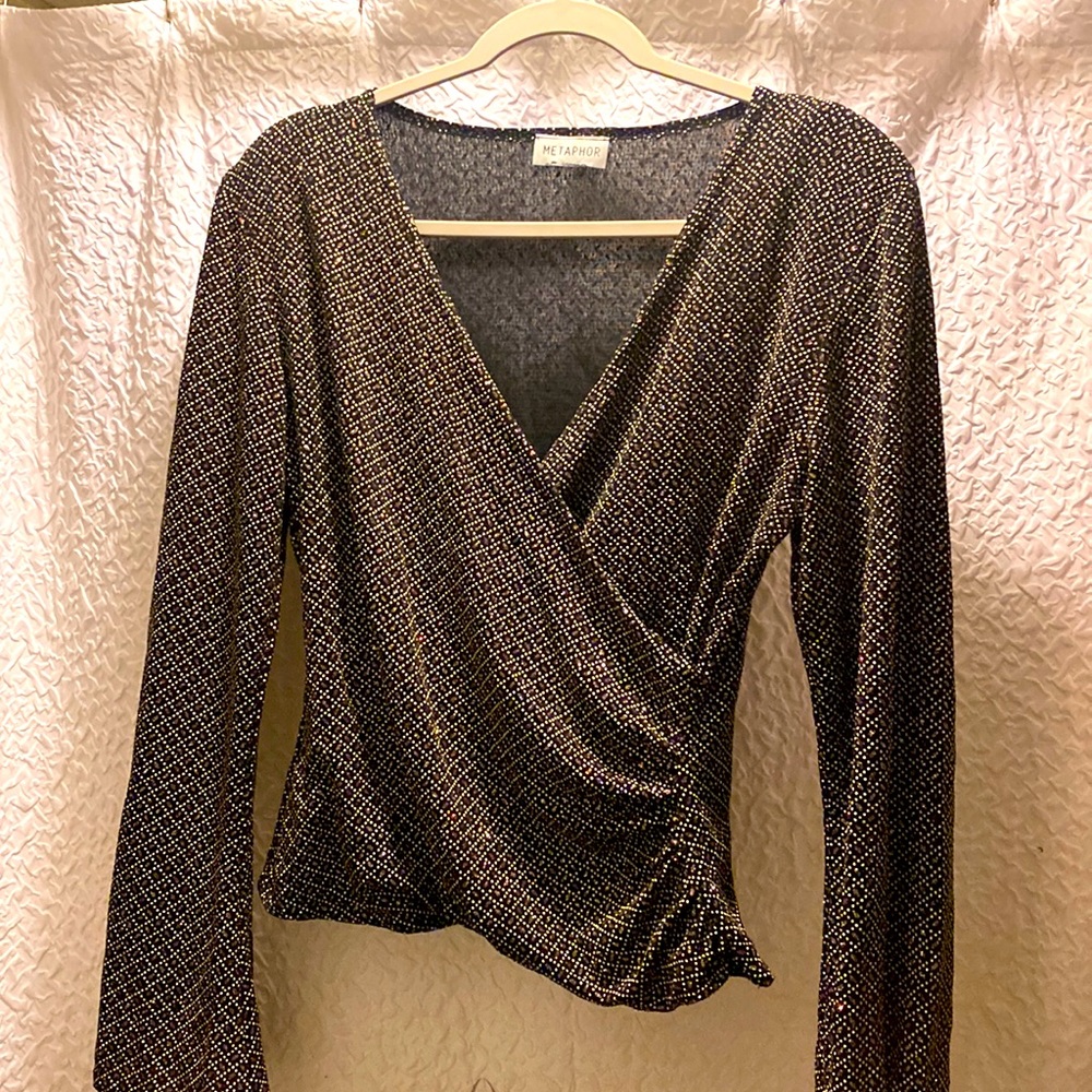Metaphor glitter faux wrap blouse with bell sleeves